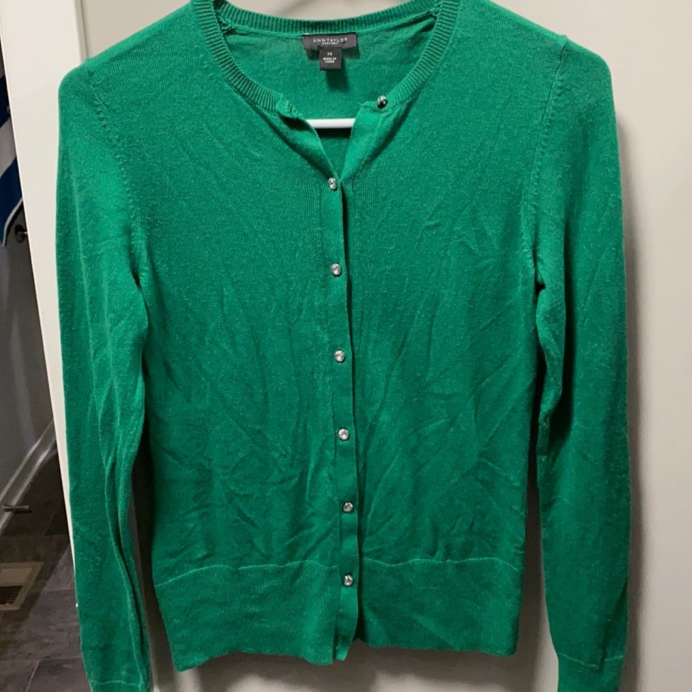 Ann Taylor Green cardigan with rhinestone buttons